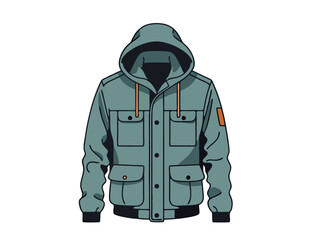 Fototapeta premium Isolated Pixel Art Jacket Design in Teal with Hood and Orange Accents on Black Backdrop