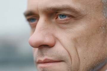 Macro Close Up Portrait of a Man in Suit with Serious Expression and Blue Eyes