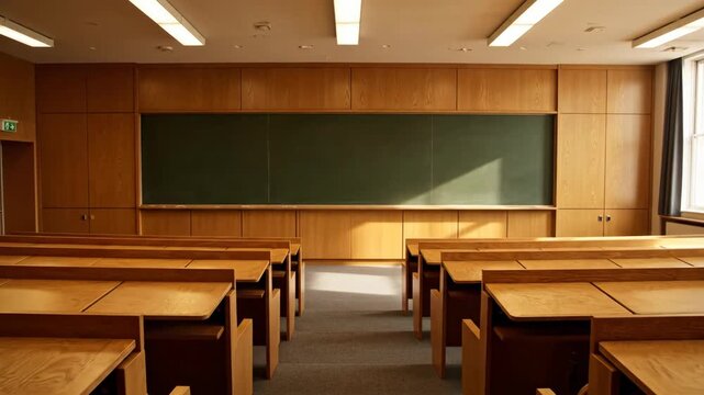 Empty Classroom at University of Cologne Early Afternoon Featuring Rows of Wooden Desks and Large Chalkboard