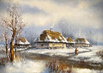 Oil painting rural landscape, winter landscape in the village