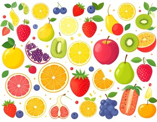 Vibrant illustration of various whole and sliced fruits