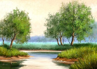 Painting landscape, river, morning in the forest, fine art