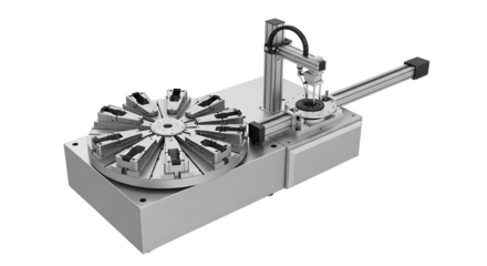 Automated CNC Rotary Table in Industrial Workshop with Metal Components