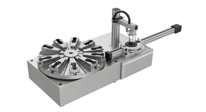 Automated CNC Rotary Table in Industrial Workshop with Metal Components