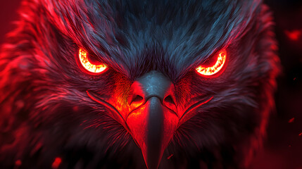 Detailed digital illustration of an eagle's head and upper chest, exhibiting intense, glowing red eyes, and sharp focus.  The image has dark tones and vibrant red highlights.