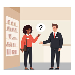 Fototapeta premium Woman asking suited worker question in shop; neutral palette, speech bubble