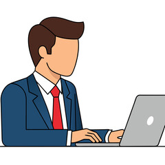 Illustration of a Man in Business Suit Using Laptop on White Background
