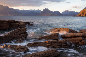 The Black Cuillin Mountains across the sea from Elgol, Isle of Skye, Scottish Highlands
