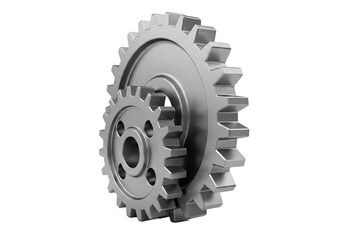 Close up studio shot of two interlocking metal gears one larger than the other isolated on a pure black background showcasing intricate teeth and mechanical detail