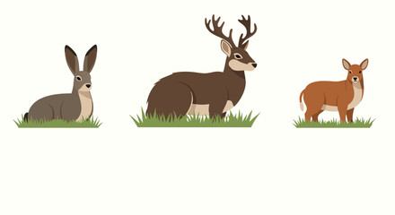 Fototapeta premium Diverse Wildlife Collection Rabbit, Deer, and Buck Standing in Green Grass