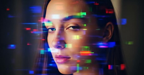 Young woman with digital glitch effect overlay, future technology concept - Powered by Adobe