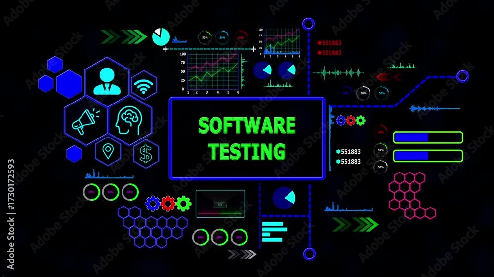 Wall mural software testing concept with data analytics, business graphics, loading bar, gearbox, asymptotic sm