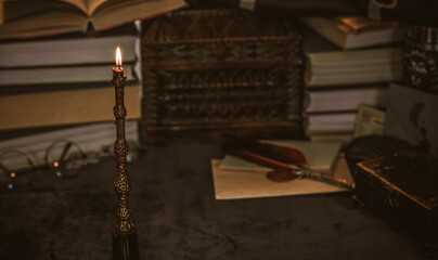 Mystical autumn altar with candles and mirrors