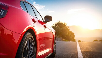 Red Sports Car on Asphalt Road at Golden Hour with Blurry Mountain Background and Bright Sun Flare in Cinematic Scene