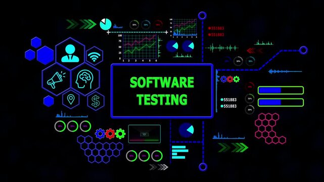 Software Testing concept with Data Analytics, Business Graphics, loading bar, gearbox, Asymptotic smart data analytic,4k video