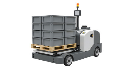 Autonomous Mobile Robot Transporting Grey Stackable Bins on Pallet in Warehouse