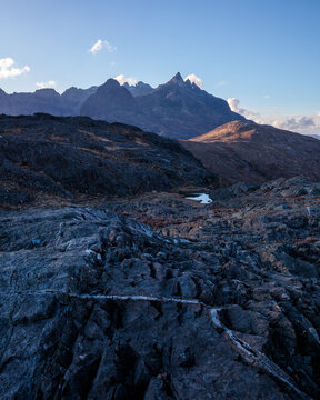 Sgurr nan Gillean of the Black Cuillin Mountains from Druim Hain, Glen Sligachan Isle of Skye, Scottish Highlands