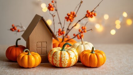 Obraz premium Happy Thanksgiving Day Background with pumpkins and autumn leaves Holiday Autumn festival scene, Fall, Harvest. holiday themed designs greeting cards, and social media posts. High quality photo