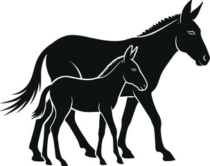 PrintSilhouette donkey illustration, black and white donkey art, adult and baby donkey walking, farm animal vector, livestock design, foal drawing