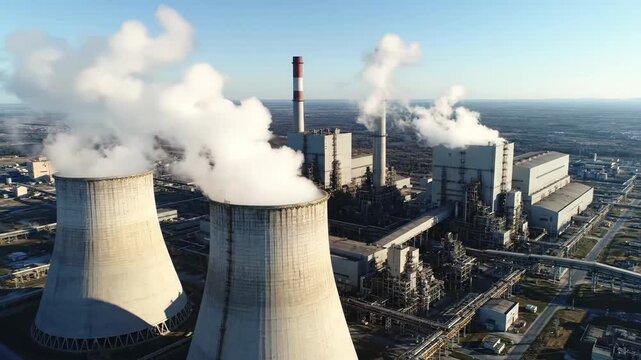 Aerial View of a Coal Power Plant With Billowing Smoke Stacks on a Sunny Day