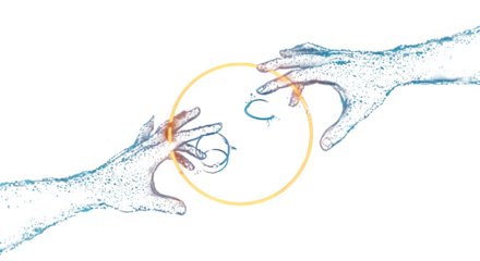 Light blue hands hold neon yellow circle. Abstract ethereal design creates a digital branding background or video intro.