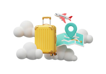 Travel concept with suitcase airplane and map isolated on transparent background PNG vacation planning 3D rendering