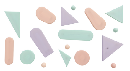 Pastel geometric shapes float on black background, creating minimal digital design. Great for web, social media, branding.