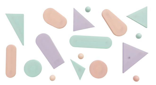 Pastel geometric shapes float on black background, creating minimal digital design. Great for web, social media, branding.