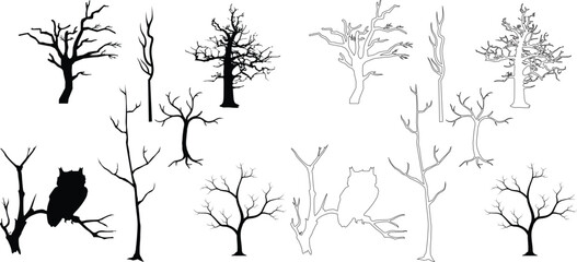 Assortment of Bare Tree Isolated Winter tree silhouette  tree silhouettes in black 