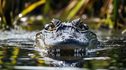 Obraz premium American Alligator emerging from dark waters with sun kissed reflection