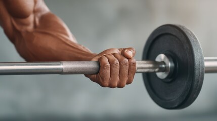 Fototapeta premium Close-Up of Strong Arm Gripping Weight Barbell with Focus on Muscle Definition and Strength during an Intense Workout Session in a Modern Gym Environment