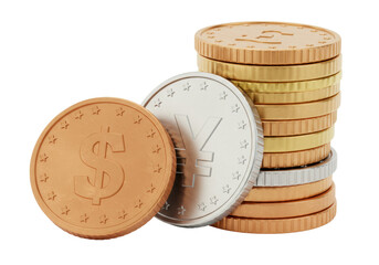 Stack of coins with dollar yen and euro symbols isolated on transparent background PNG currency exchange concept finance investment