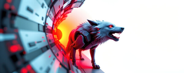 Cybernetic wolf with glowing red eye and armored limbs emerging from futuristic tunnel, dramatic neon lighting