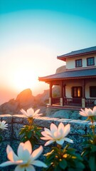 Wooden villa at sunset near beach, Beautiful Wallpaper