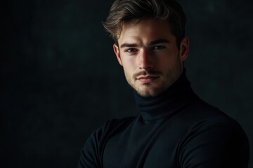 Obraz premium Stylish Studio Portrait of Man in Black Turtleneck Sweater