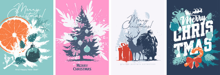 Stylish posters in silhouette and grunge style. Vector modern illustration on the theme of Christmas and New Year