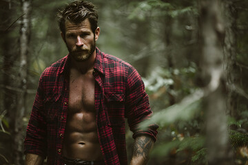 Naklejka premium Very attractive muscular lumberjack in the forest
