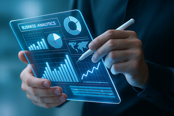 Business professional analyzing holographic tablet displaying futuristic charts and graphs for financial data visualization