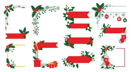 Festive pixel art christmas borders and banners with holly leaves and ornaments