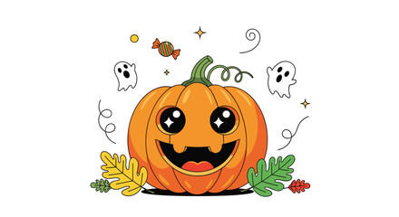 A cute smiling pumpkin surrounded by festive autumn leaves and playful ghosts on a white background.