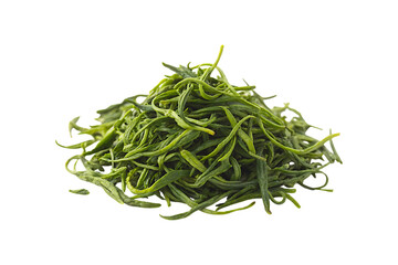 Heap of dried green tea leaves isolated on transparent background, ready to brew