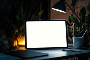 Fototapeta premium White Mockup Tablet Screen on Dark Desk in Studio