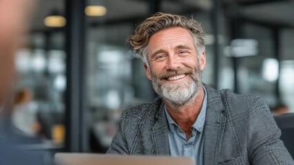 The Confident smile: A mature, sophisticated professional exudes confidence, showcasing a genuine smile that radiates warmth and approachability. 