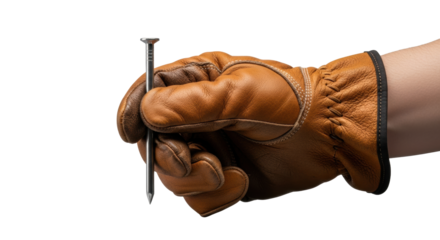 Macro shot of a worker's hand in a worn brown leather glove gripping a steel construction nail, isolated on a transparent studio background with bokeh, professional craftsmanship concept