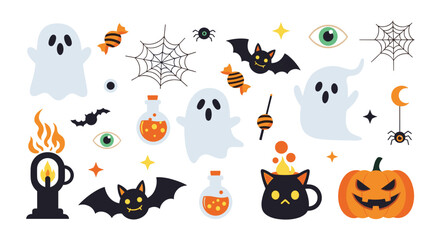 Fototapeta premium Spooky and fun halloween themed illustrations featuring ghosts bats spiders potions pumpkins eyeballs webs and candy.