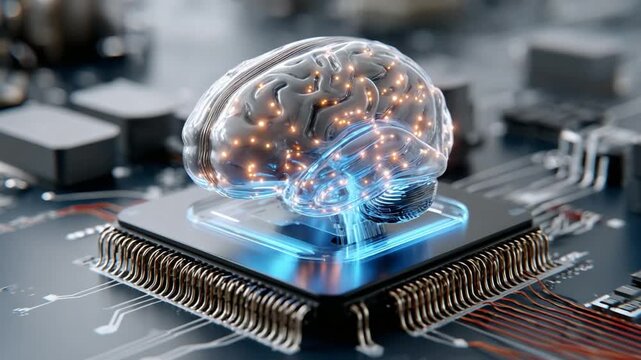 Digital Brain: A cutting-edge concept art piece depicting a luminous, digital brain integrated with a complex circuit board, symbolizing advanced technology, artificial intelligence.