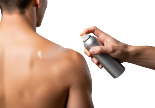 Close-up of a well-manicured caucasian hand applying a fine sunscreen mist from a silver aerosol can onto a muscular caucasian man's bare back on a transparent studio background, personal care routine