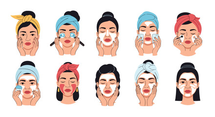 Illustrations of diverse women applying facial masks and skincare treatments.