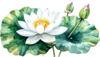Watercolor painting of a white water lily with two unopened buds and lily pads