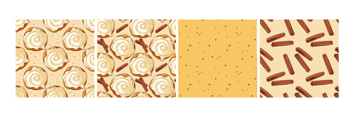 Seamless Pattern set with Cinnamon Bun, Roll, cinnamon stick backgrounds. Pastry sweet bakery. Buns Repeated backgrounds for wallpaper, wrapping, textile, scrapbooking. Set of four prints.